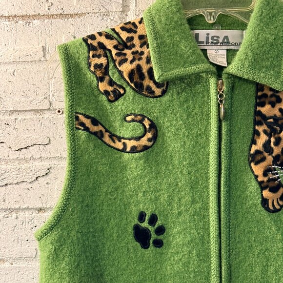 Lisa International Green Boiled Wool Leopard Cat Vest | Vintage Novelty - Picture 3 of 10